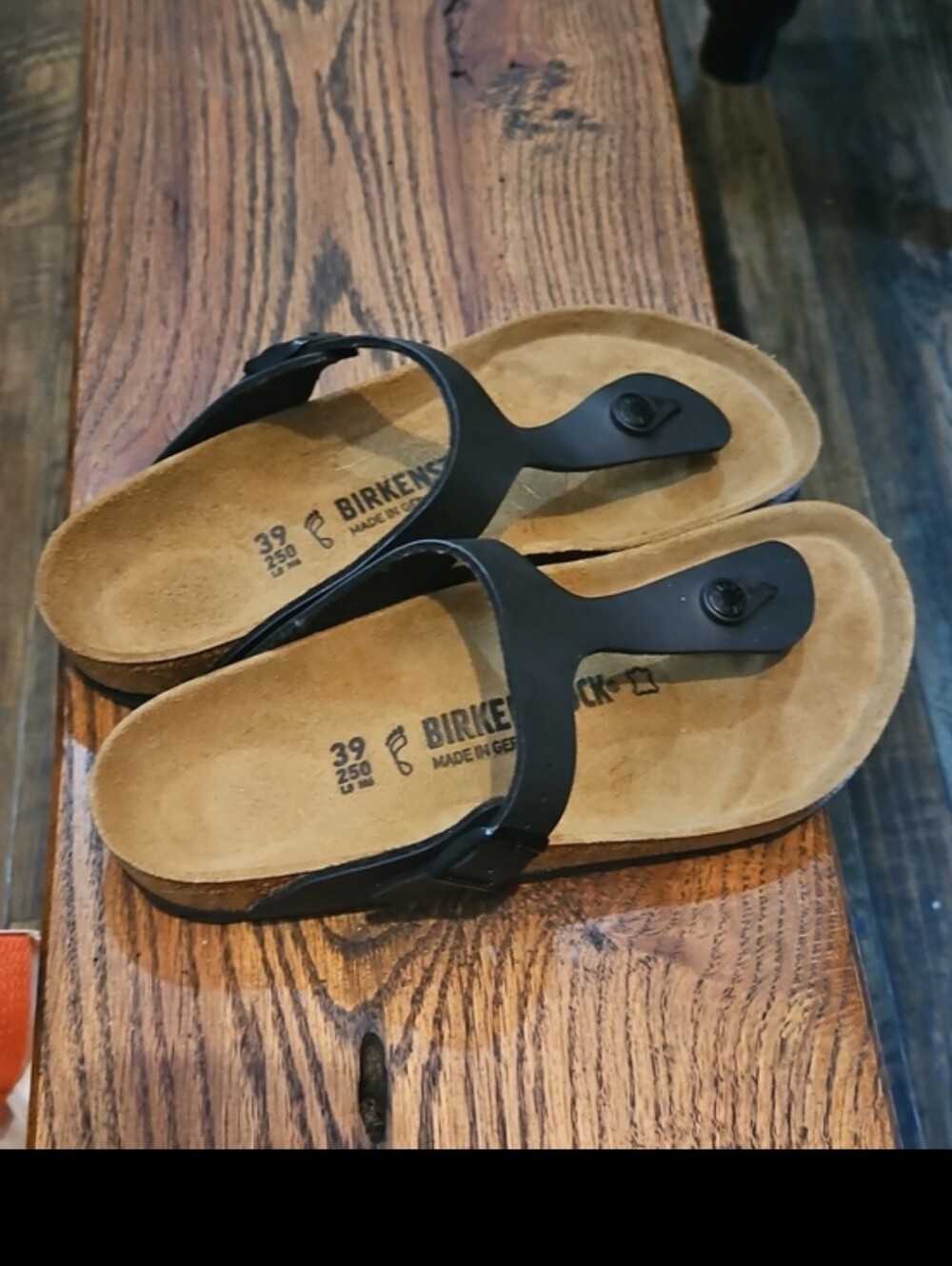 New Birkenstock Black Leather Thong Sandals with Cork Footbed
